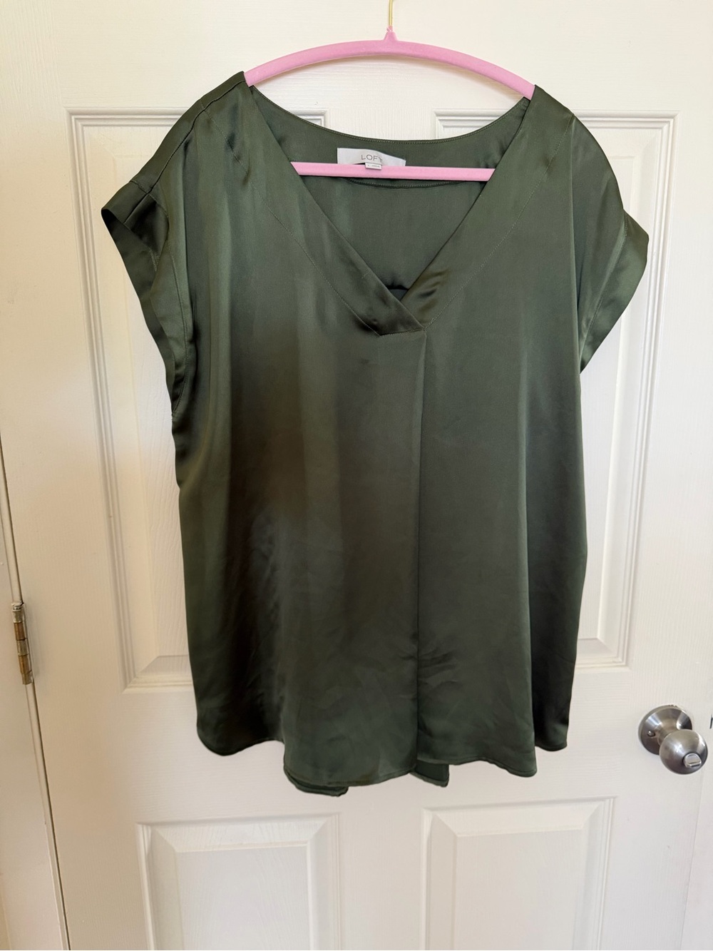 LOFT Olive Green Satin V-Neck Cap-Sleeve Blouse